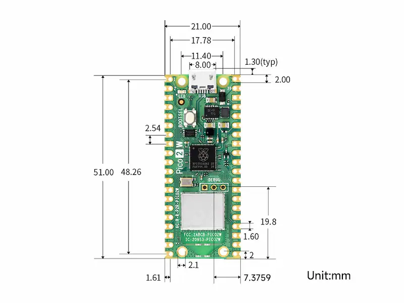 Raspberry Pi Pico 2 W dimensiones